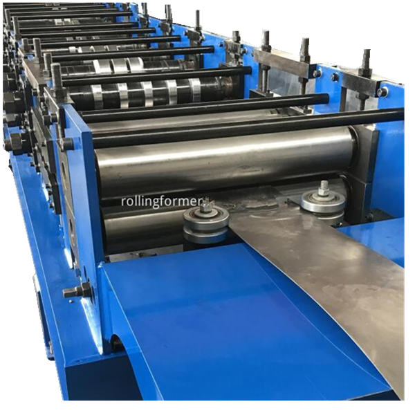 C purlin roll forming machine: forming rollers shaping the steel strip