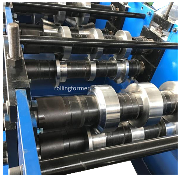 C purlin roll forming machine: forming rollers shaping the strip