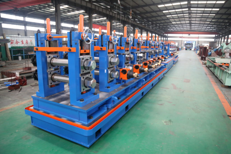 Welded pipe production line: forming stands and line equipment in the workshop
