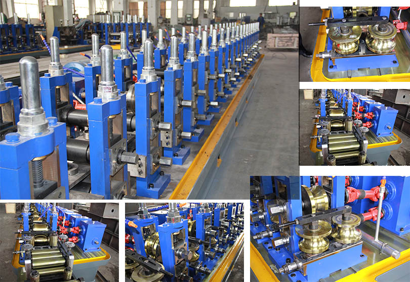 HG76 pipe roll forming machine: forming stands in the workshop with detail views of roller shafts and gearboxes