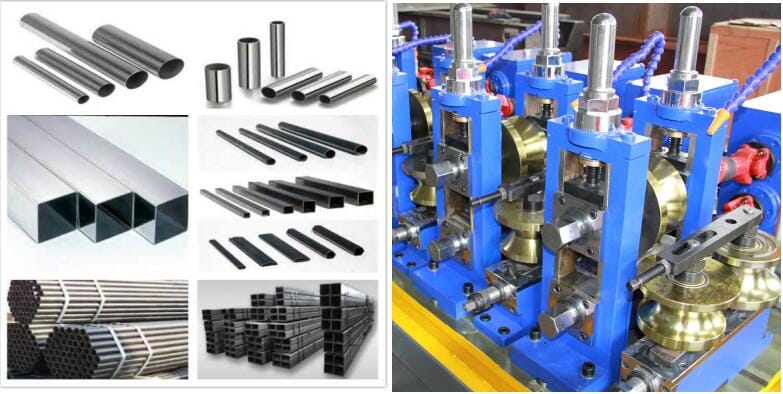 HG76 tube mill: finished pipe sections and forming roll close-up
