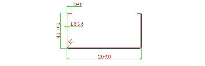C purlin profile section drawing with dimensions